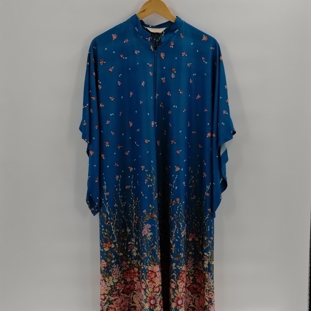 Rhapsody by Glazier-Chicago teal house coat large floral zip up angled sleeve